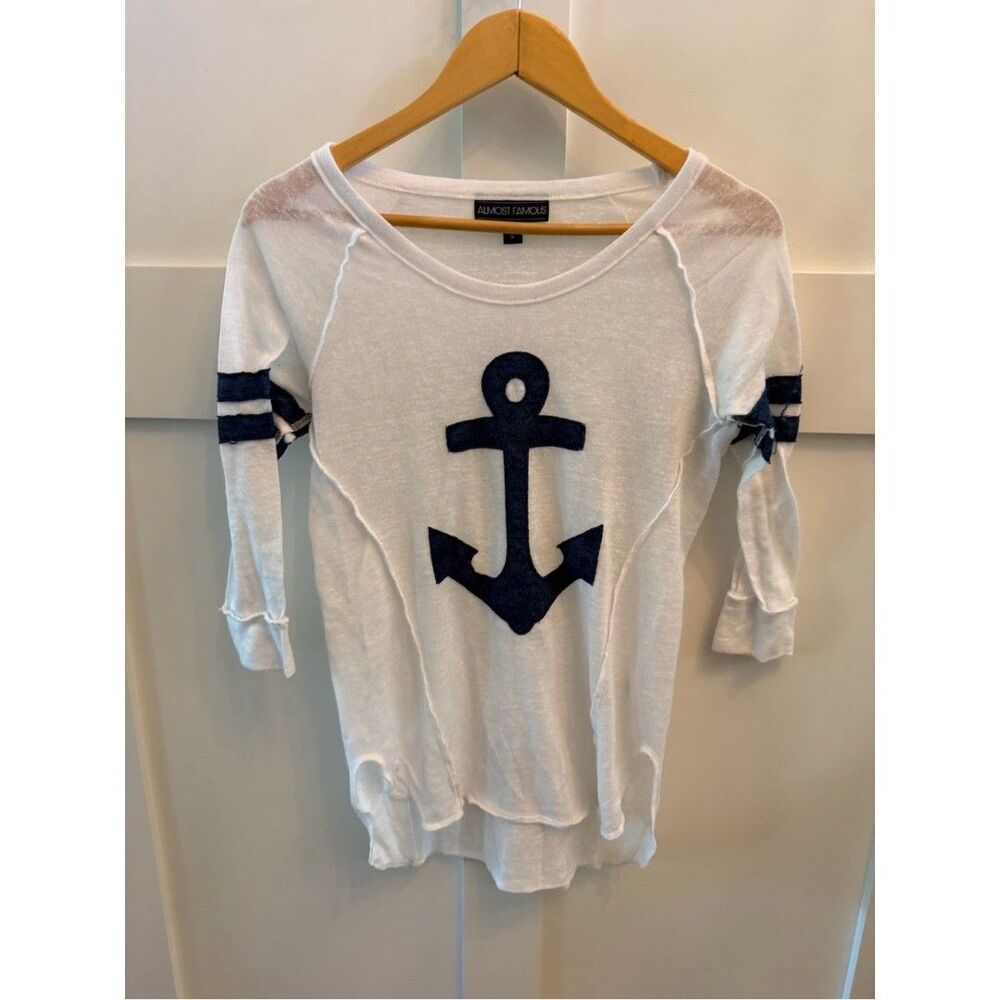 Women’s Almost Famous Ling Sleeve Anchor Nautical Striped Tee Navy Sz Small
